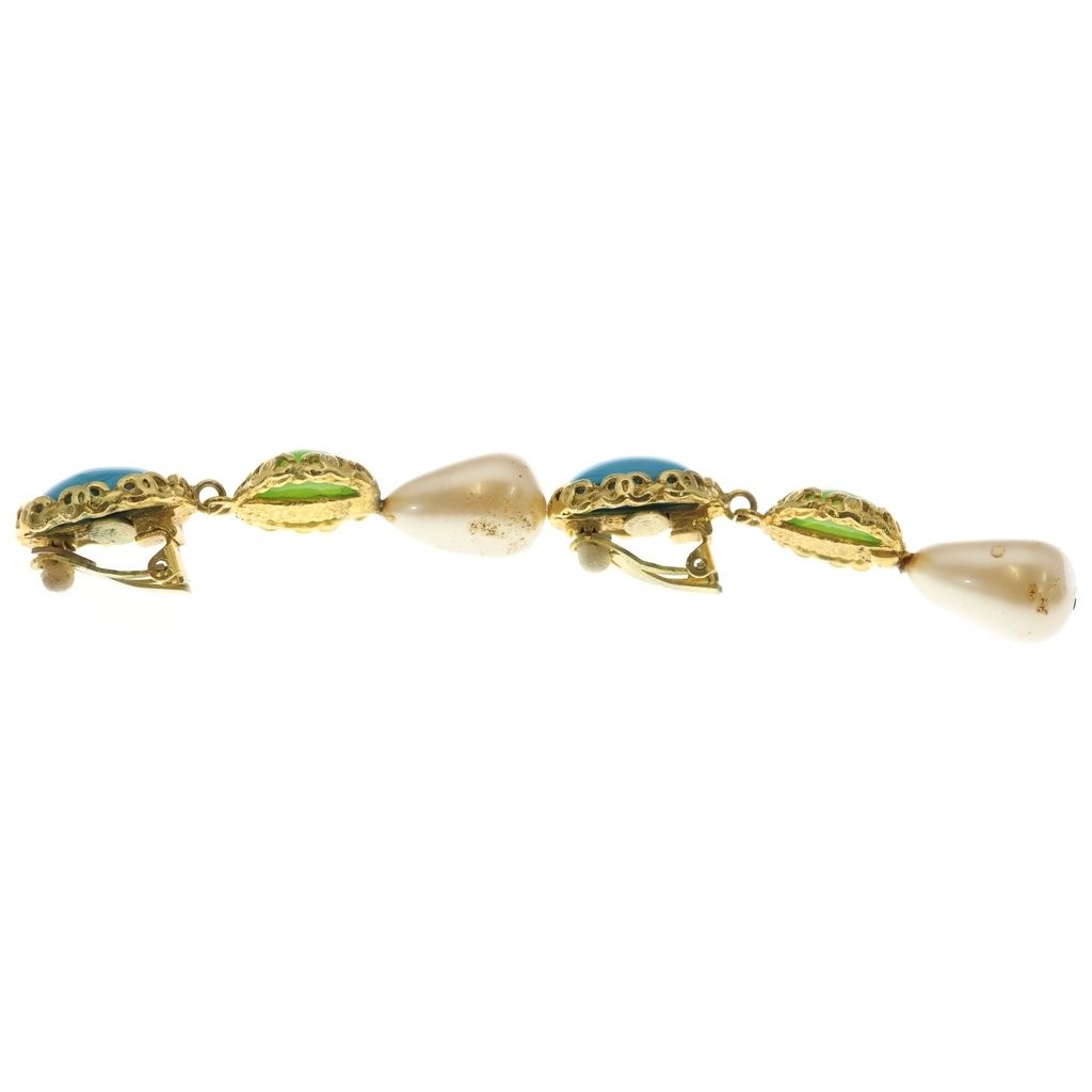 Chanel Faux Pearl Earrings Gripoix Blue Green Gold — view 4