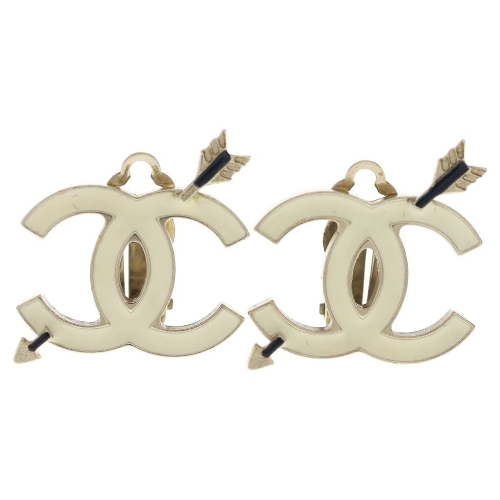 Chanel CC Logo Arrow Earrings Gold White 10c