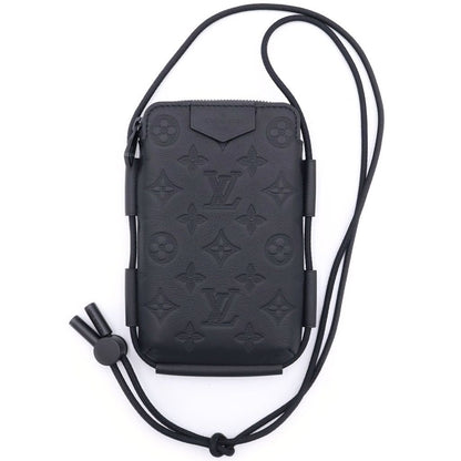Louis Vuitton Lace Up Pouch Monogram Shadow Embossed Leather Shoulder Bag Black