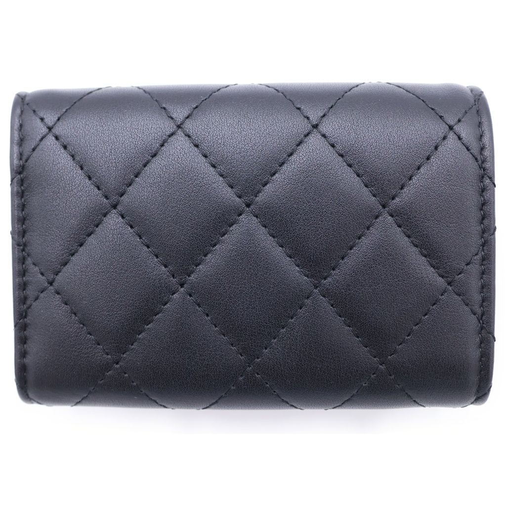 Chanel CC Logo Rhinestone Trifold Wallet Compact Coin Case Black Lambskin Gold — view 2