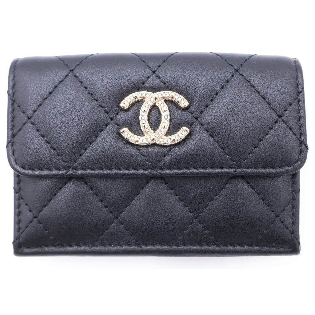 Chanel CC Logo Rhinestone Trifold Wallet Compact Coin Case Black Lambskin Gold