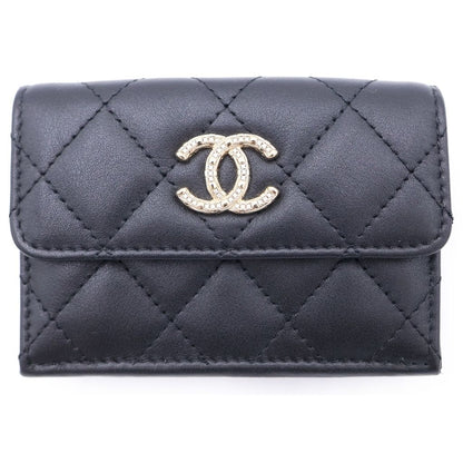 Chanel CC Logo Rhinestone Trifold Wallet Compact Coin Case Black Lambskin Gold