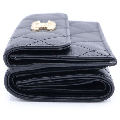 Chanel CC Logo Rhinestone Trifold Wallet Compact Coin Case Black Lambskin Gold — view 3