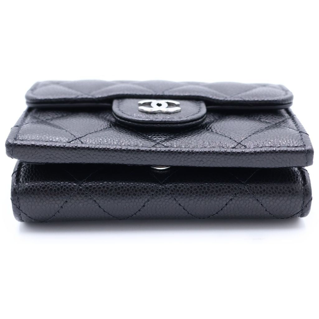 Chanel Quilted Small Classic Compact Wallet Trifold Caviar Leather Black Silver — view 5