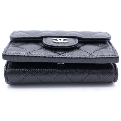 Chanel Quilted Small Classic Compact Wallet Trifold Caviar Leather Black Silver — view 5