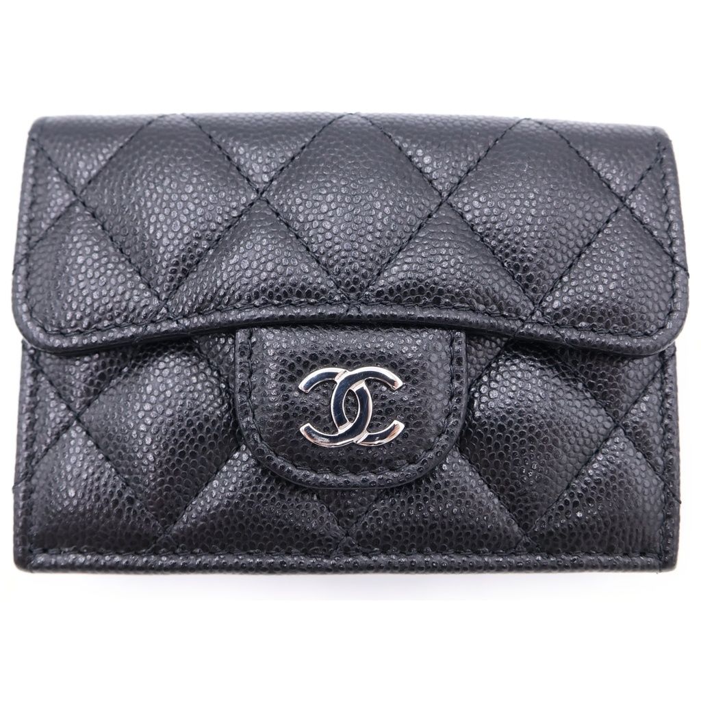 Chanel Quilted Small Classic Compact Wallet Trifold Caviar Leather Black Silver