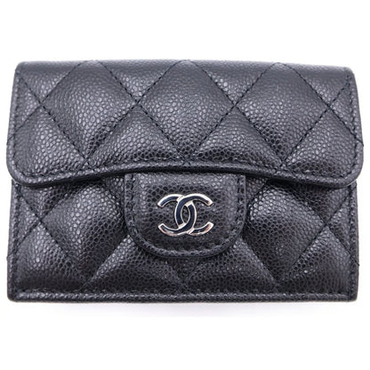 Chanel Quilted Small Classic Compact Wallet Trifold Caviar Leather Black Silver