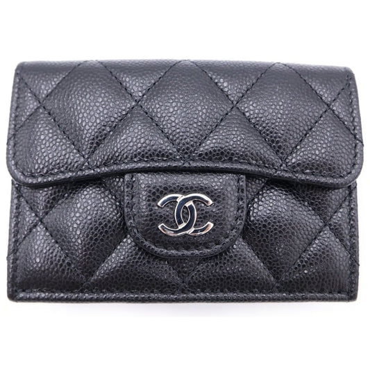 Chanel Quilted Small Classic Compact Wallet Trifold Caviar Leather Black Silver