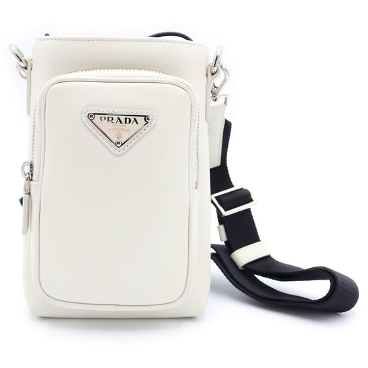Prada Leather Phone Case Shoulder Bag Silver White