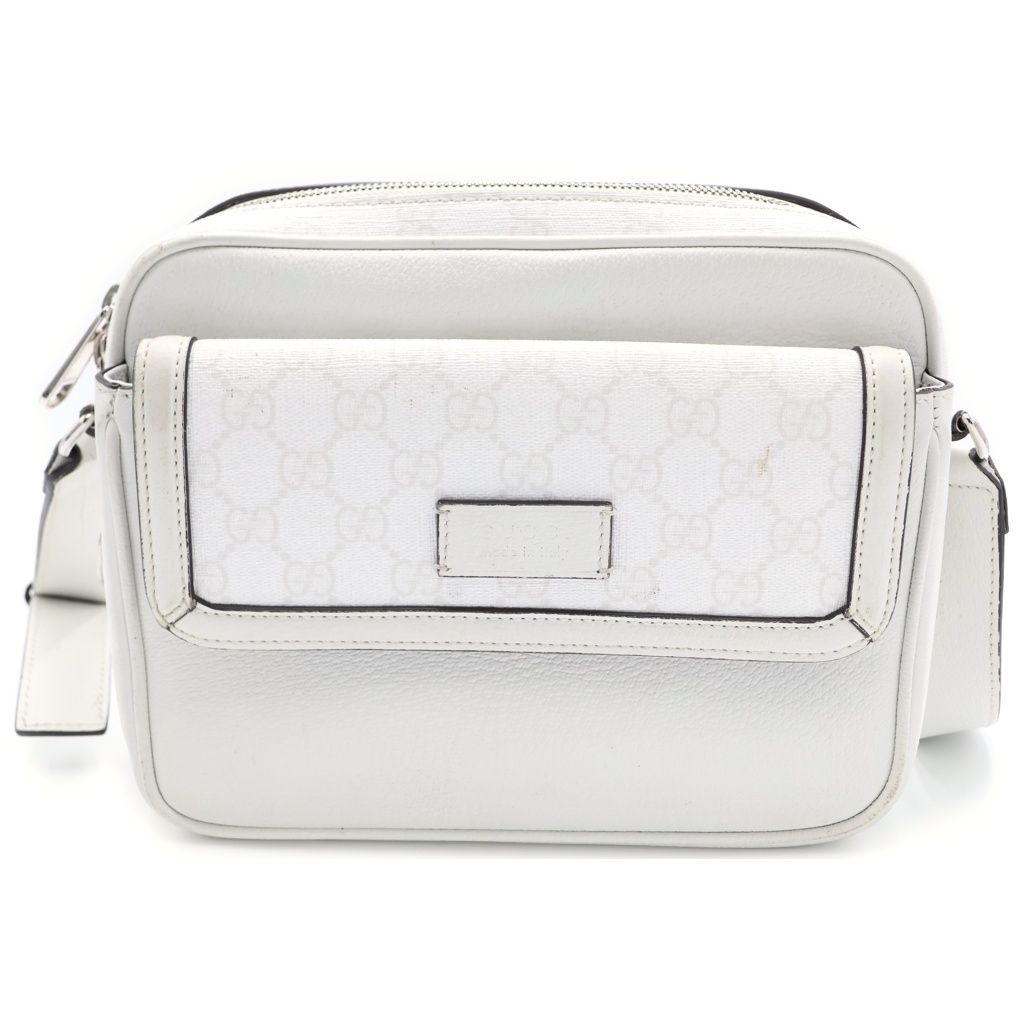 Gucci GG Supreme Cross Belt Bag White Leather Silver