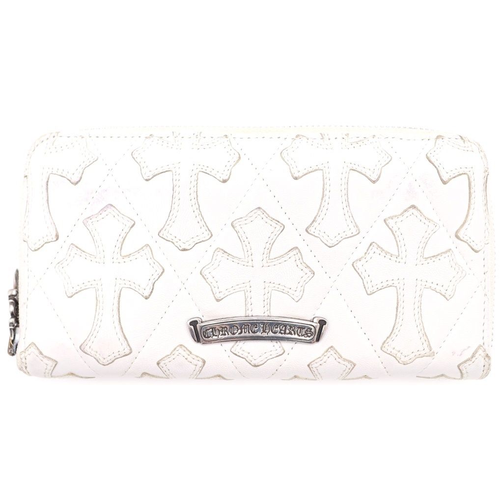 Chrome Hearts Rec Zip Quilted Wallet Cemetery Cross Leather White