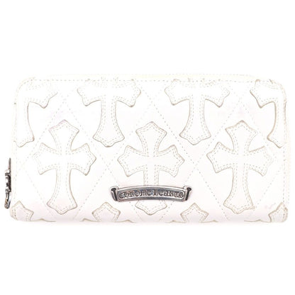 Chrome Hearts Rec Zip Quilted Wallet Cemetery Cross Leather White