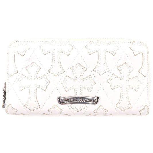 Chrome Hearts Rec Zip Quilted Wallet Cemetery Cross Leather White