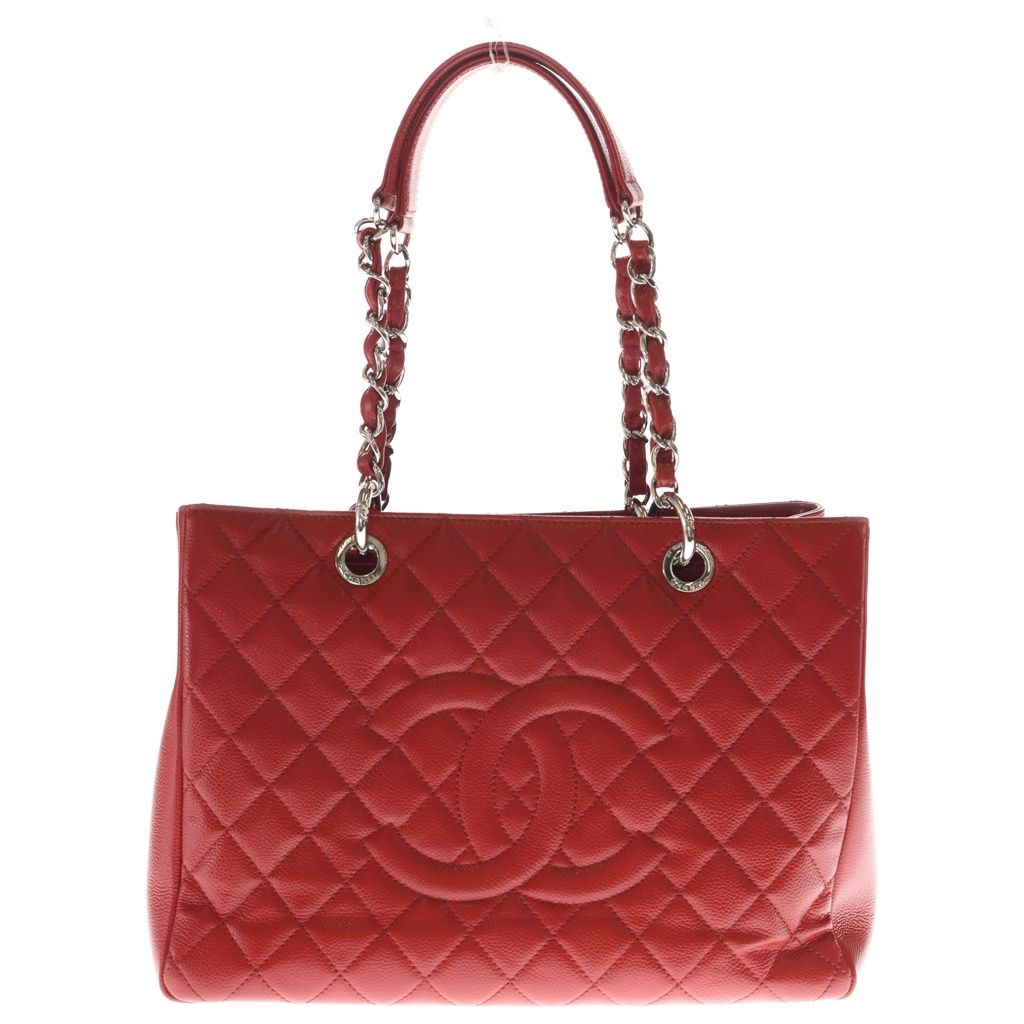Chanel Quilted CC Logo Petite Shopping Tote PST Red Caviar Leather Silver