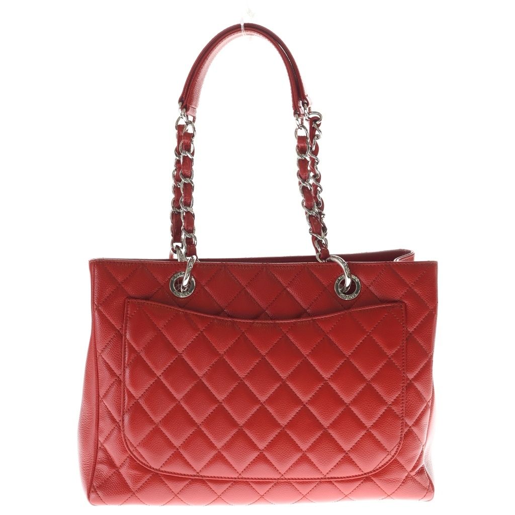 Chanel Quilted CC Logo Petite Shopping Tote PST Red Caviar Leather Silver — view 2