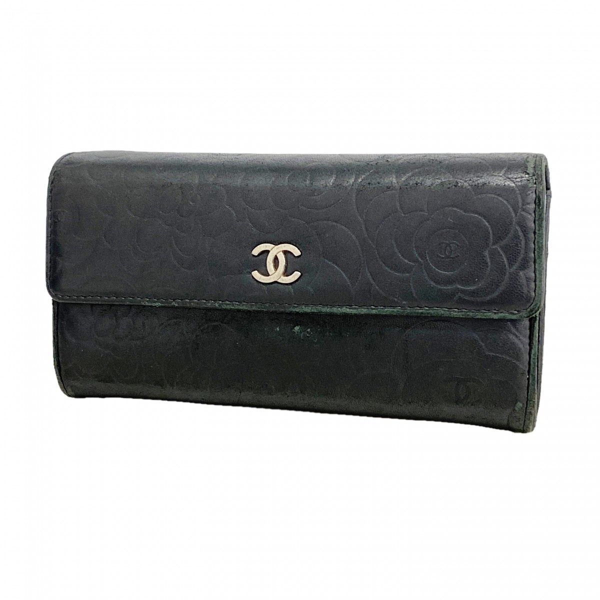 Chanel Wallet Camellia Lambskin Black Silver