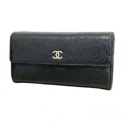 Chanel Wallet Camellia Lambskin Black Silver