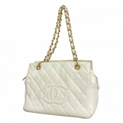 Chanel Chain Tote Quilted Caviar Leather White Champagne Gold