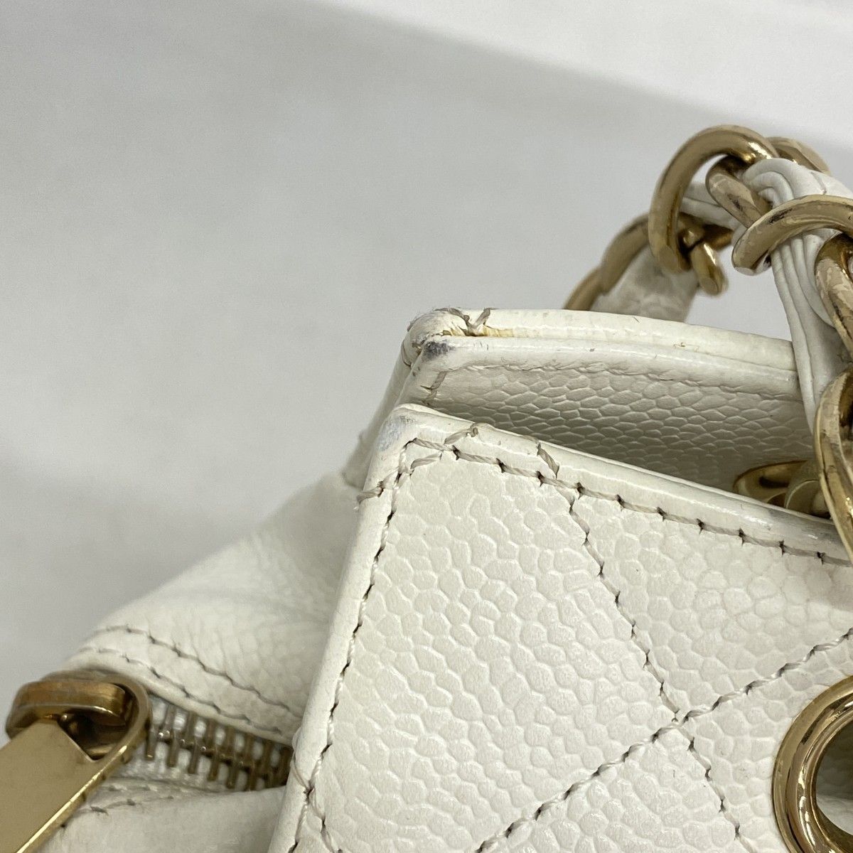 Chanel Chain Tote Quilted Caviar Leather White Champagne Gold — view 9