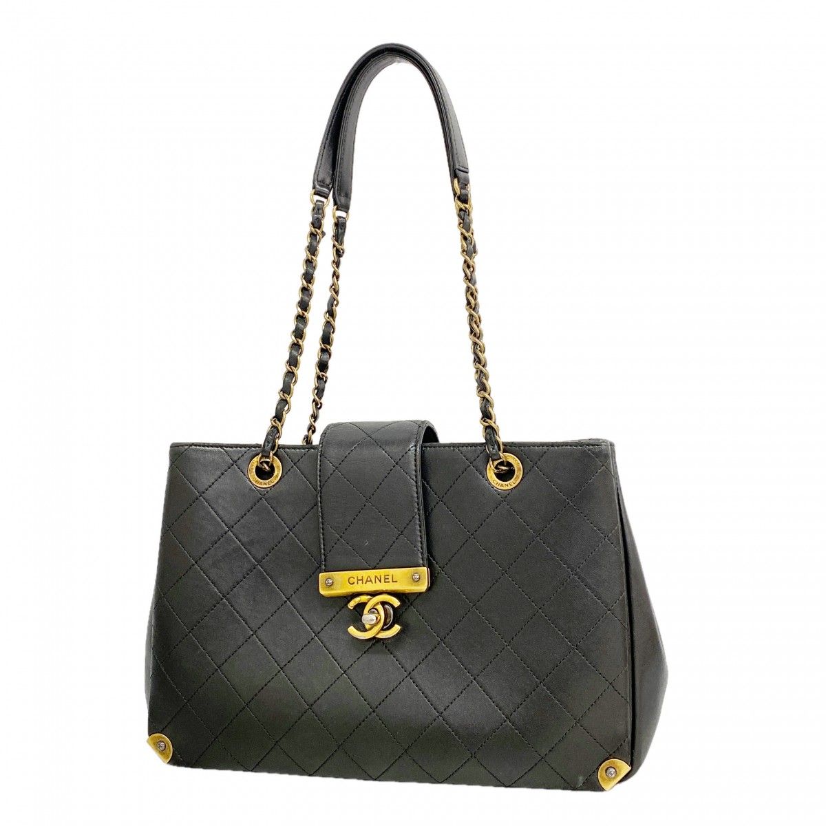 Chanel Shoulder Bag Quilted Lambskin Black Gold