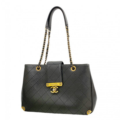 Chanel Shoulder Bag Quilted Lambskin Black Gold
