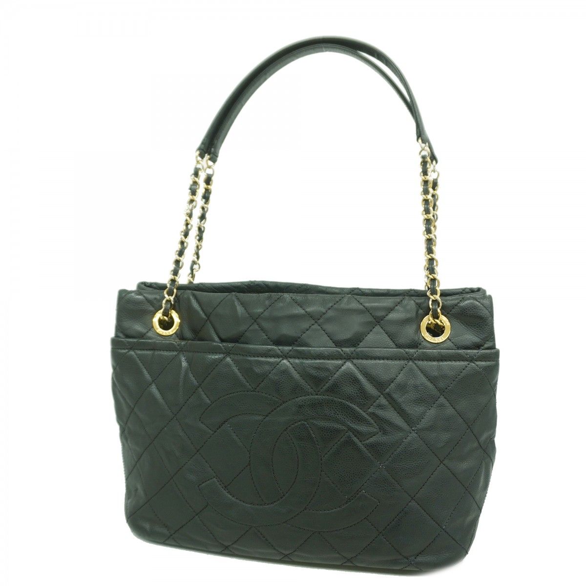 Chanel Chain Tote Quilted Caviar Leather Black Gold