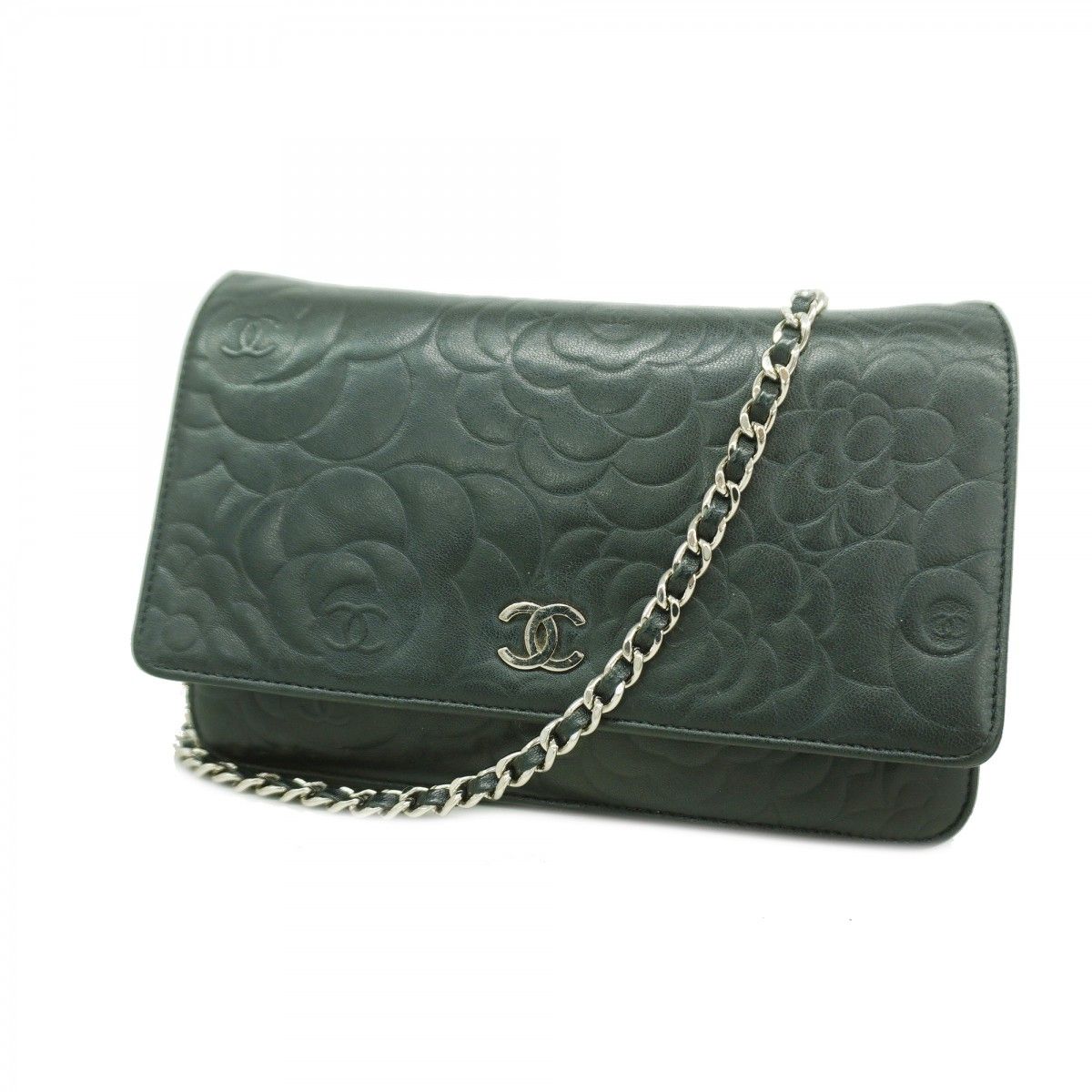 Chanel Shoulder Wallet Camellia Lambskin Black Silver