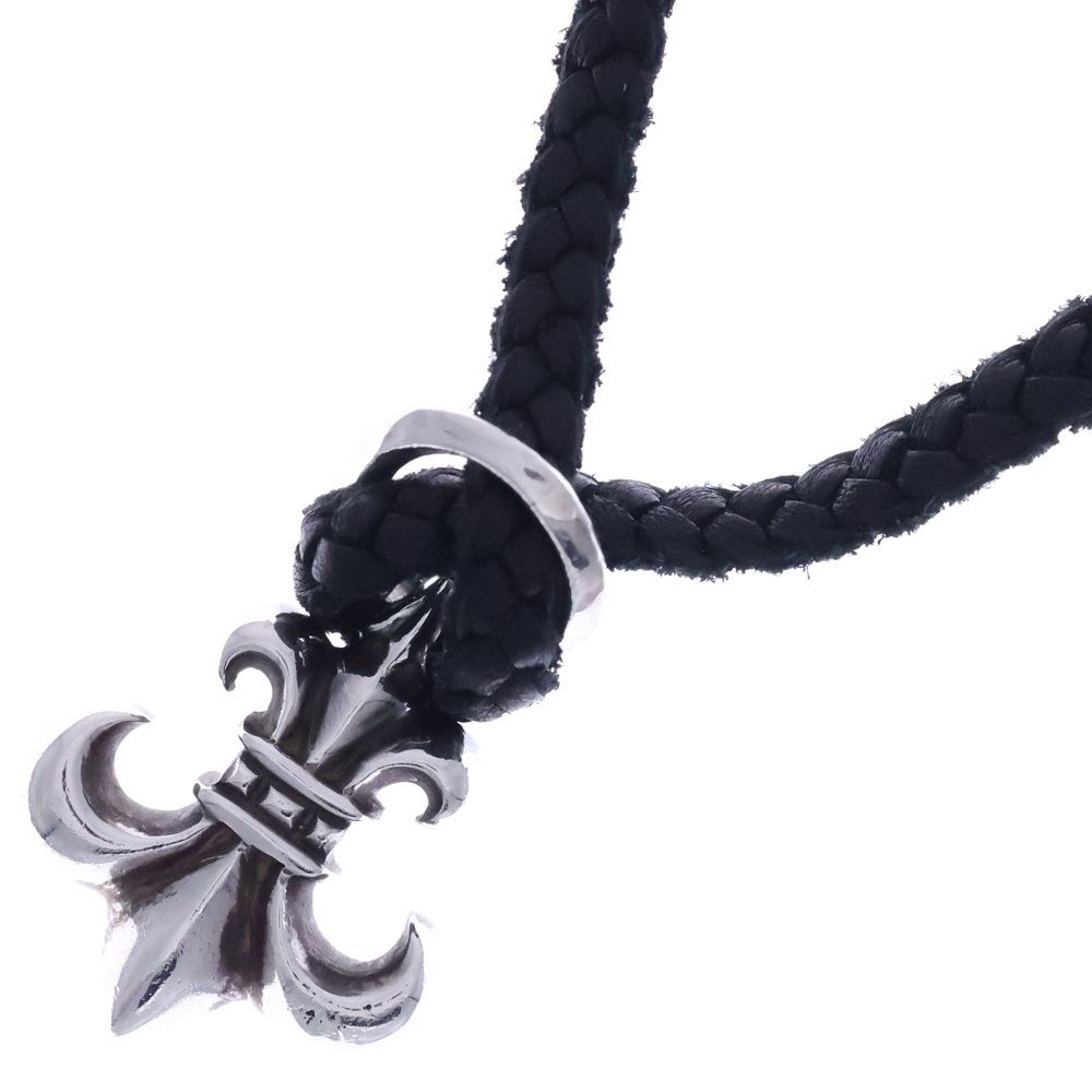 Chrome Hearts BS Fluer BS Flare Pendant Leather Braid Necklace Silver Black