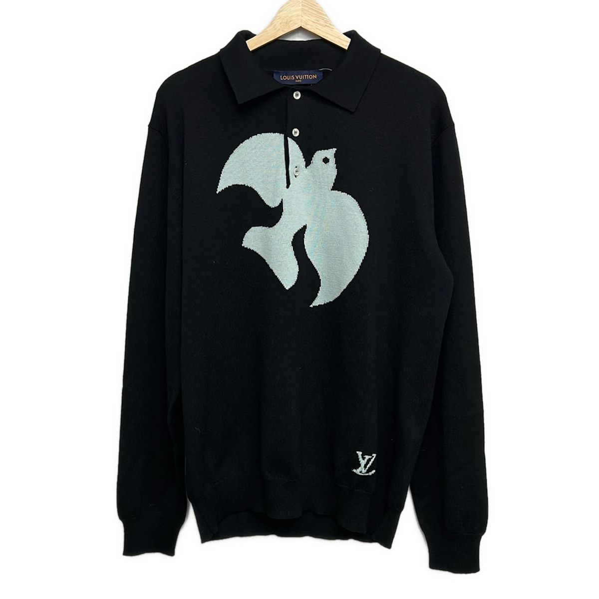 Louis Vuitton Long Sleeve Sweater XL Bird Jacquard Knit Polo Long Top Sq3 Black