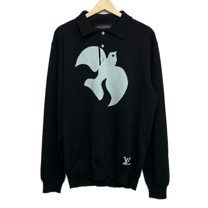 Louis Vuitton Long Sleeve Sweater XL Bird Jacquard Knit Polo Long Top Sq3 Black