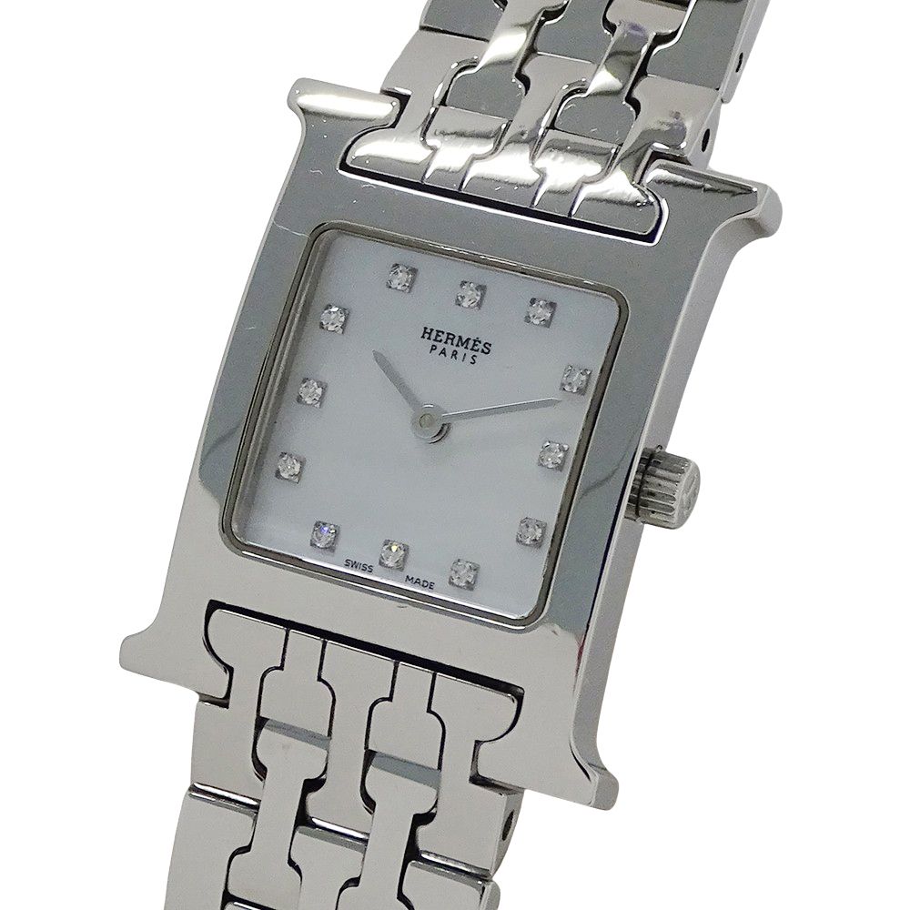 Hermes Watch Diamond Shell Quartz Stainless Steel Silver Polished