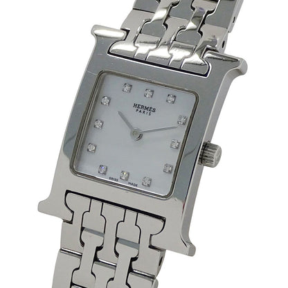 Hermes Watch Diamond Shell Quartz Stainless Steel Silver Polished