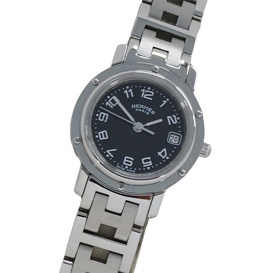 Hermes Watch Clipper Date Quartz Stainless Steel Silver Black Polished