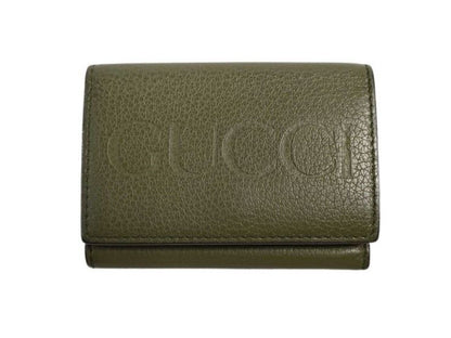 Gucci Trifold Wallet Compact Green Leather Embossed Logo Mini