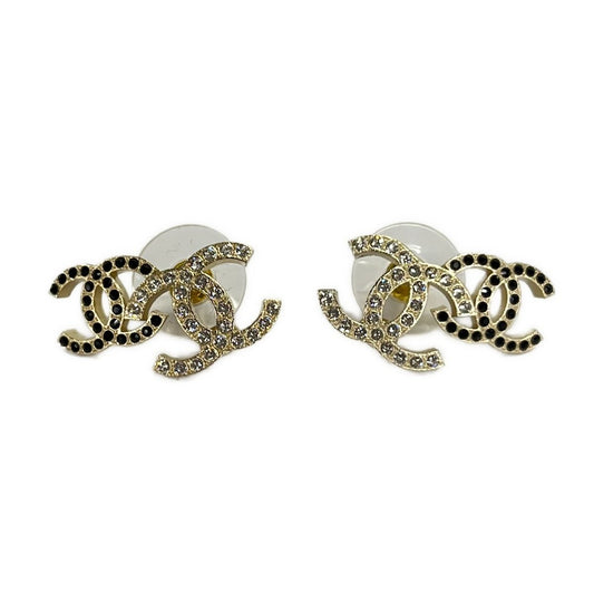 Chanel Earrings CC Logo Gold Black Rhinestone