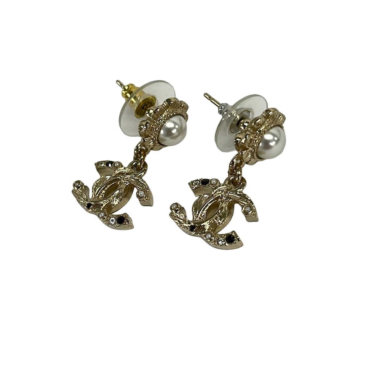 Chanel Earrings CC Logo Champagne Gold White Black External Back