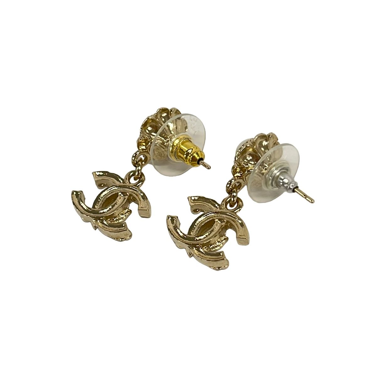 Chanel Earrings CC Logo Champagne Gold White Black External Back — view 2