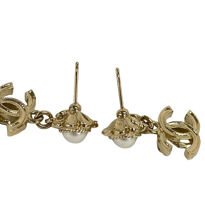 Chanel Earrings CC Logo Champagne Gold White Black External Back — view 3