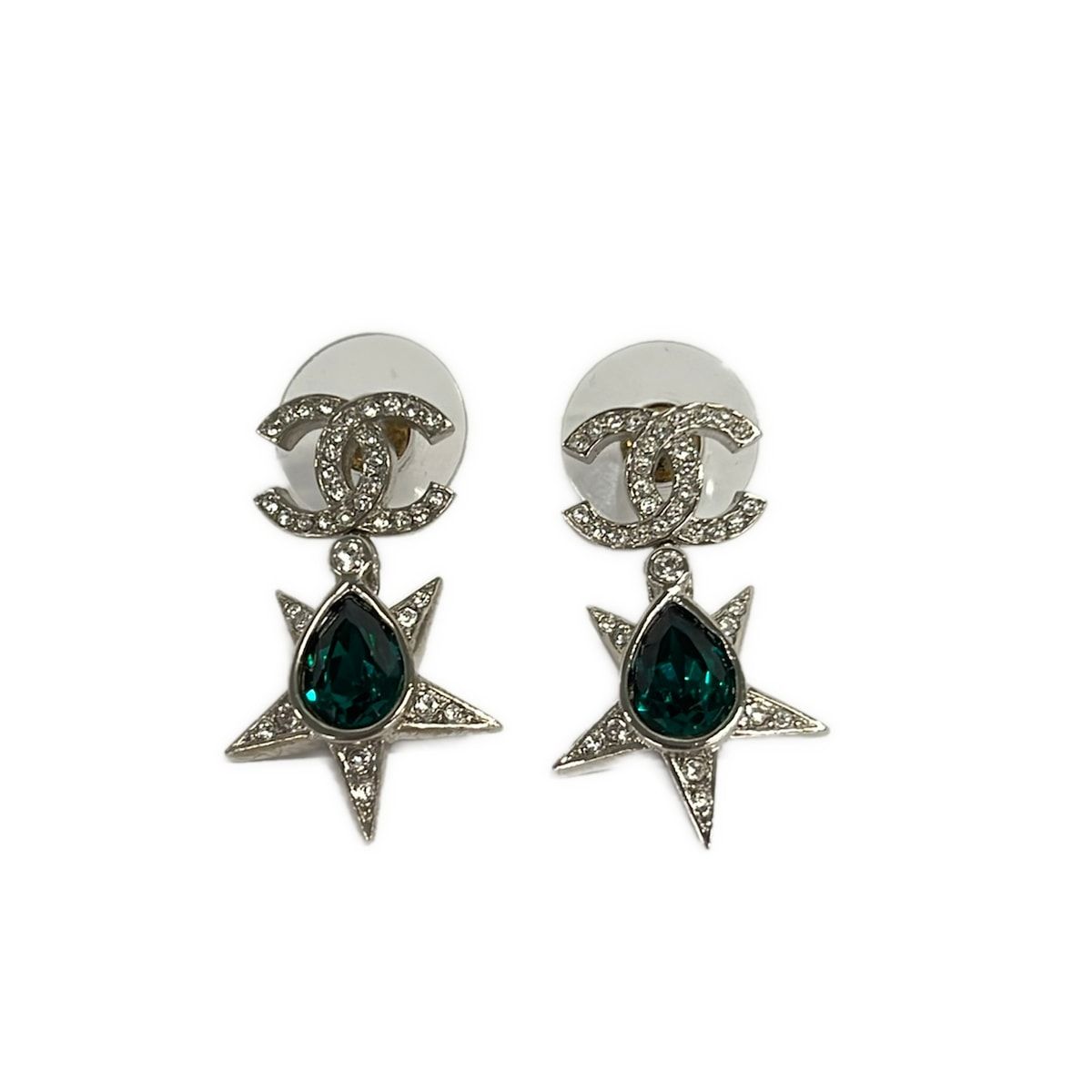 Chanel Earrings CC Logo Silver Green Rhinestone