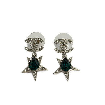 Chanel Earrings CC Logo Silver Green Rhinestone