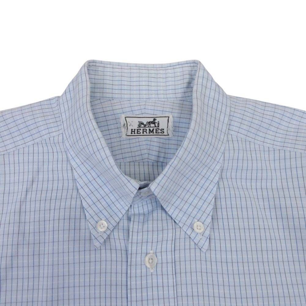 Hermes Series Button Cotton 100% Check Down Jacket Shirt Top Long Sleeve 42 Blue — view 3