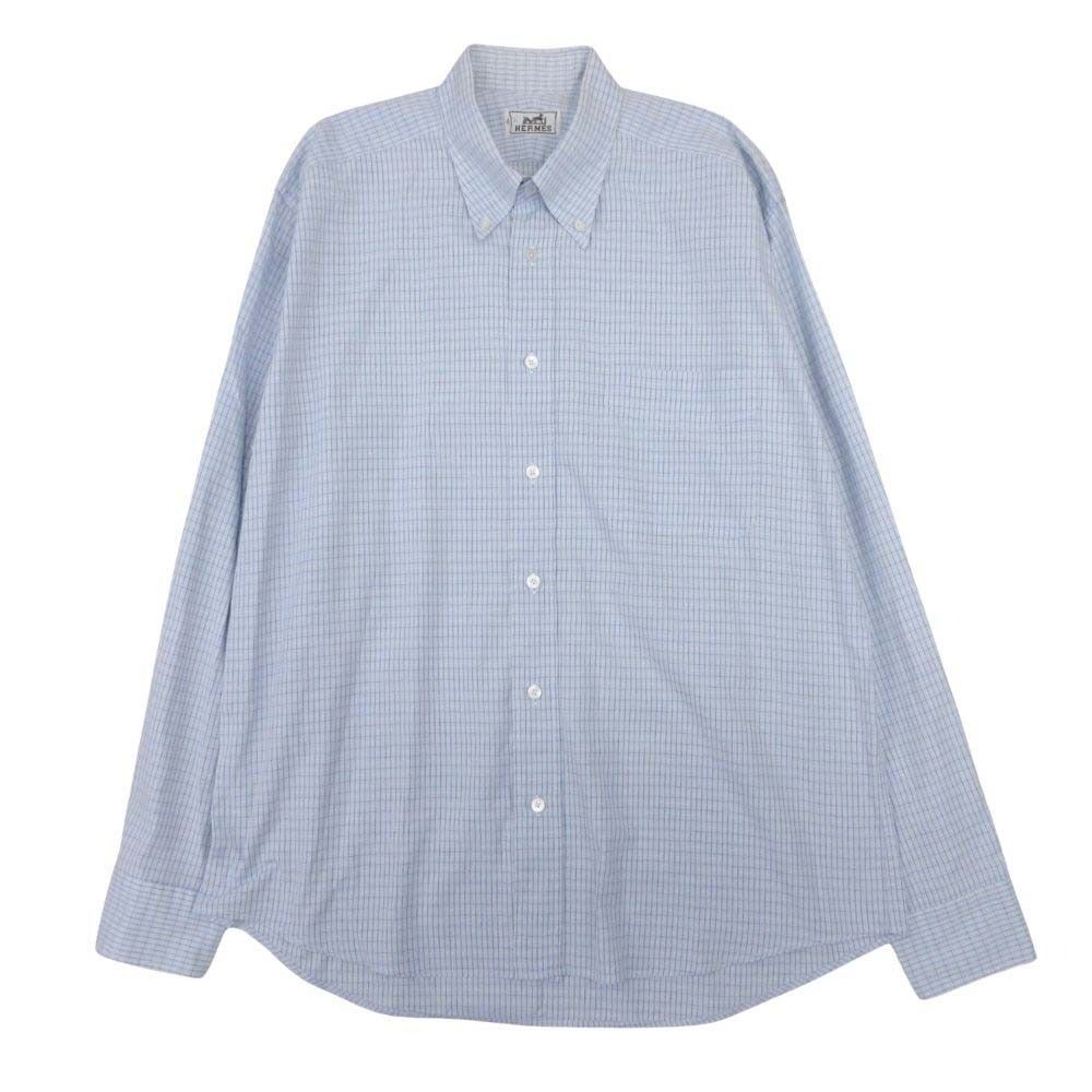 Hermes Series Button Cotton 100% Check Down Jacket Shirt Top Long Sleeve 42 Blue