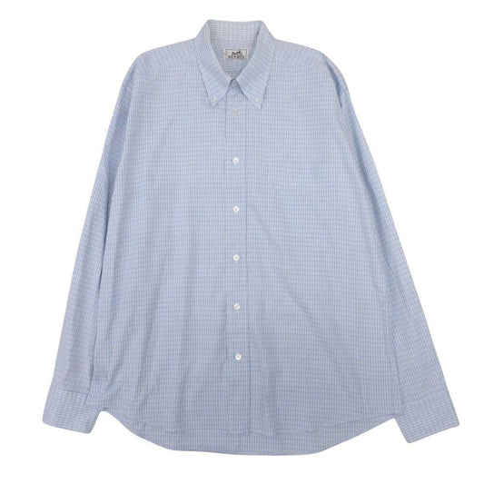 Hermes Series Button Cotton 100% Check Down Jacket Shirt Top Long Sleeve 42 Blue