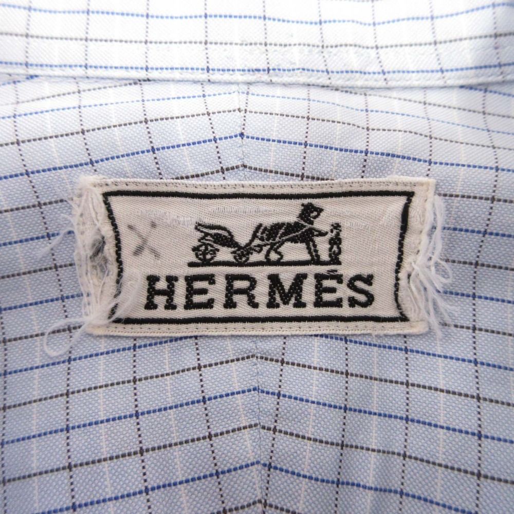 Hermes Series Button Cotton 100% Check Down Jacket Shirt Top Long Sleeve 42 Blue — view 6