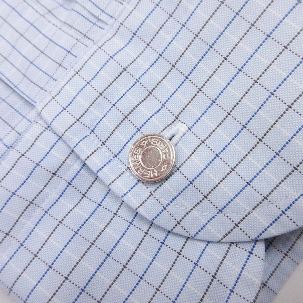 Hermes Series Button Cotton 100% Check Down Jacket Shirt Top Long Sleeve 42 Blue — view 4