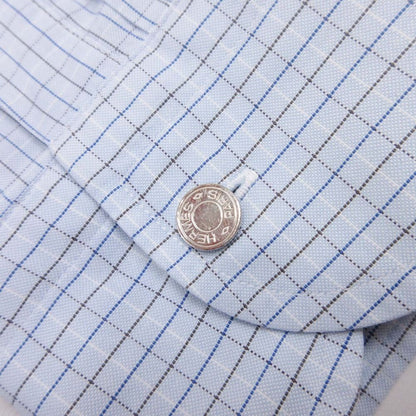 Hermes Series Button Cotton 100% Check Down Jacket Shirt Top Long Sleeve 42 Blue — view 4