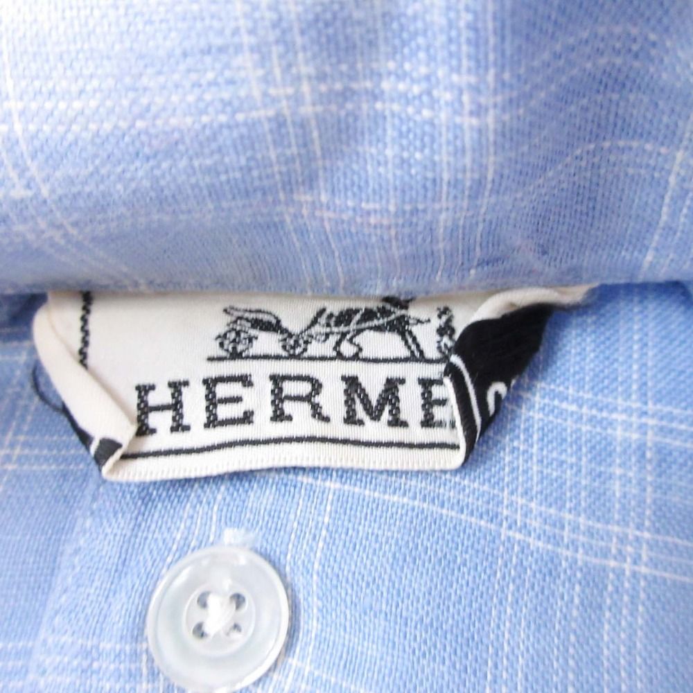 Hermes Linen 100% Check Shirt Top Short Sleeve 43 Blue — view 5