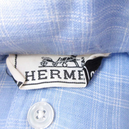Hermes Linen 100% Check Shirt Top Short Sleeve 43 Blue — view 5
