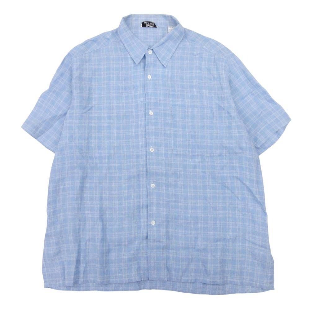 Hermes Linen 100% Check Shirt Top Short Sleeve 43 Blue