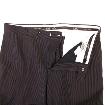 Hermes Cotton Linen Striped Trousers Pleated Pants 54 Brown Black — view 3